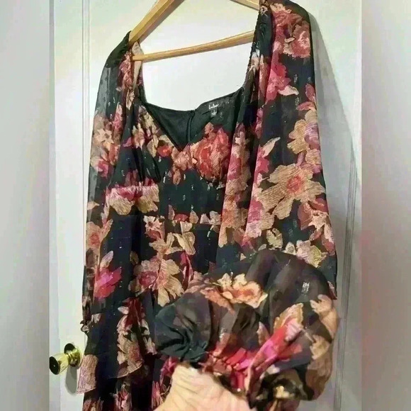 NWT Lulus Dramatically Dreamy Black Floral Chiffon Tiered Lurex Mini Dress - Picture 7 of 14